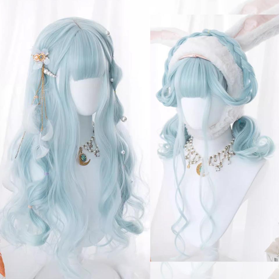 

Синтетический парик из длинных вьющихся волос цвета морской волны, женское платье Лолиты на Хэллоуин, милая прямая челка, длинный вьющийся парик из волос 60CM