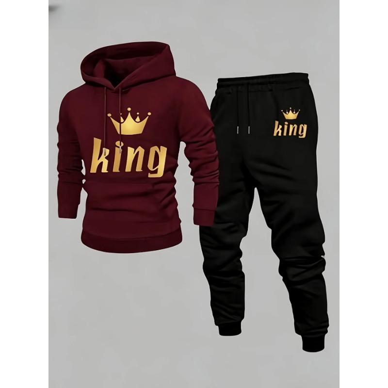 2026 King Crown Printed Sportswear Set Men's Hooded Sweatshirt Long Pants Set Spring and Autumn Winter Warm Suit