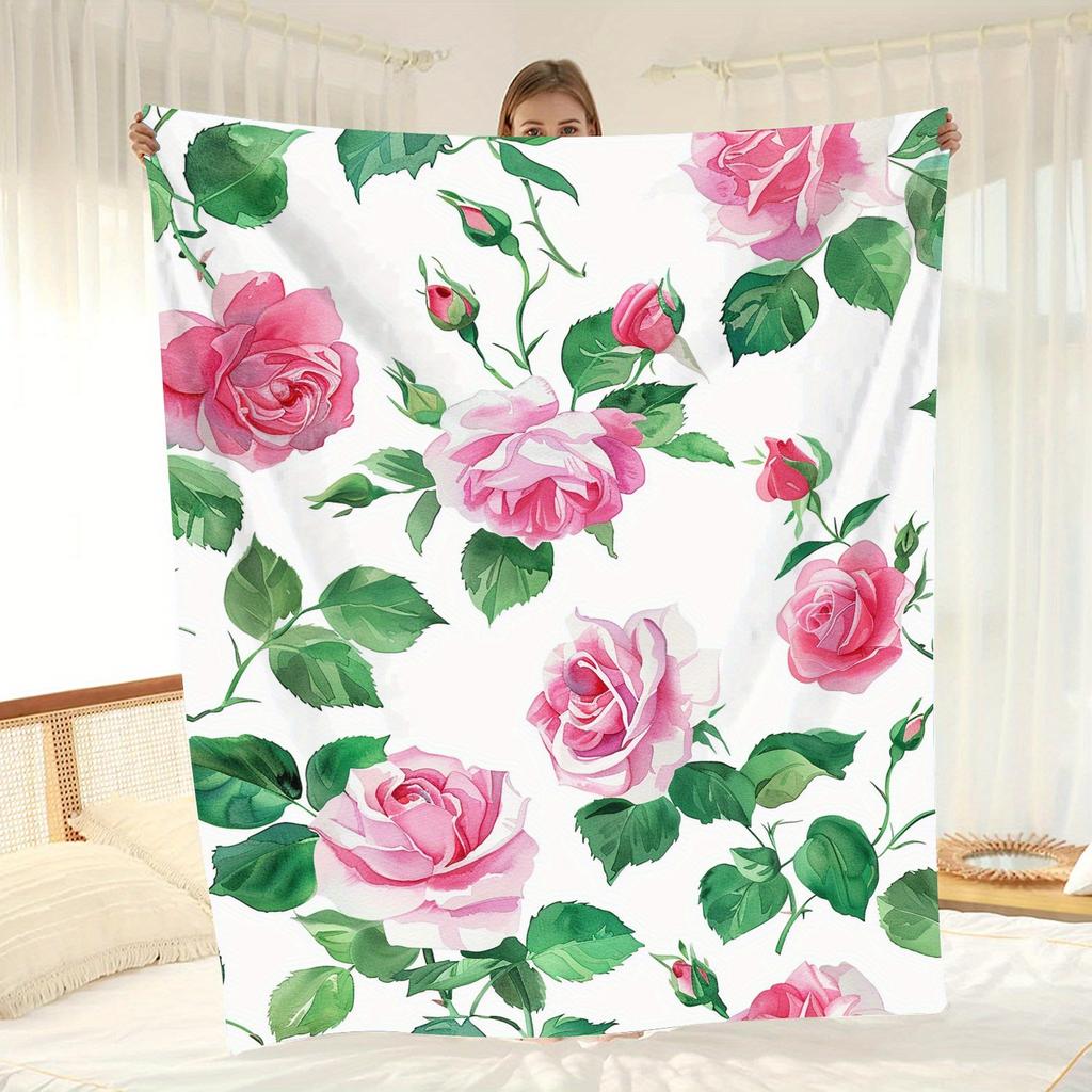 1pc Blanket with vintage floral pattern - Polyester fabric, machine washable, perfect for sofa, bed, office and travel