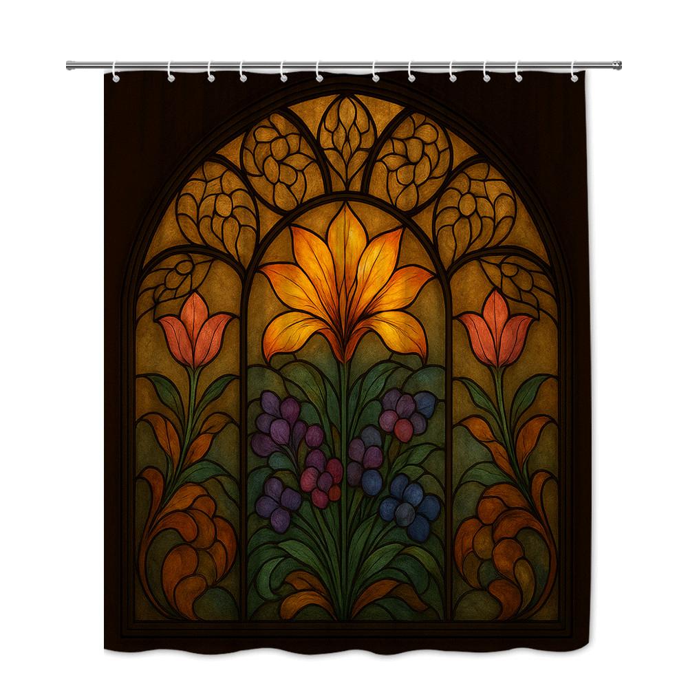 Stained Glass Window Shower Curtain Gothic Floral Design Orange Lily and Tulips Artistic Church Style Decor Waterproof Non-toxic