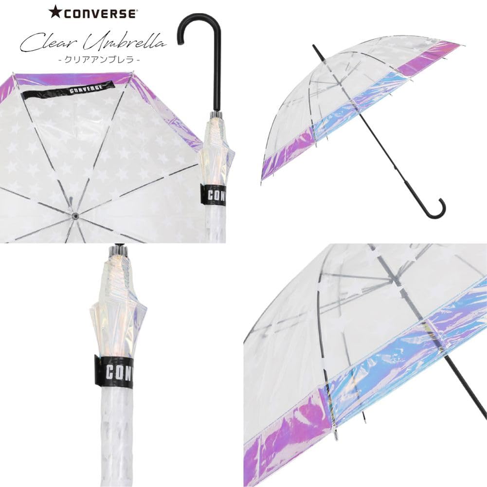 Ogawa Converse Aurora Long 8 Shiny Clear Manual Safety 20250 Umbrella, Vinyl, 59cm, Ribs, White, Umbrella, Opening, Cover,