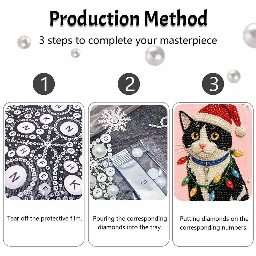 Christmas Pearl Painting Kit Handmade DIY Cute Cat In Santa Hat With Colorful Lights Home Decoration Painting