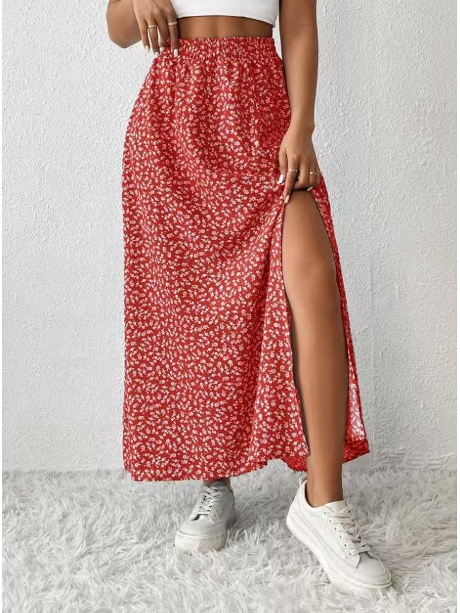 European & American Holiday Floral Print Midi Skirt with Slit