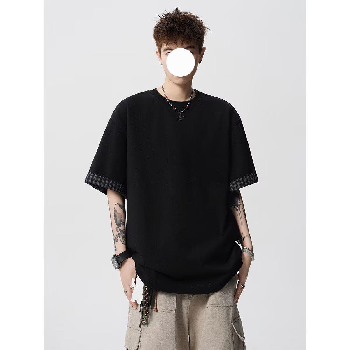 

Men s Retro Plaid Turn-up Short-Sleeve T-shirt - Summer Fashion Loose Fit Large чёрный