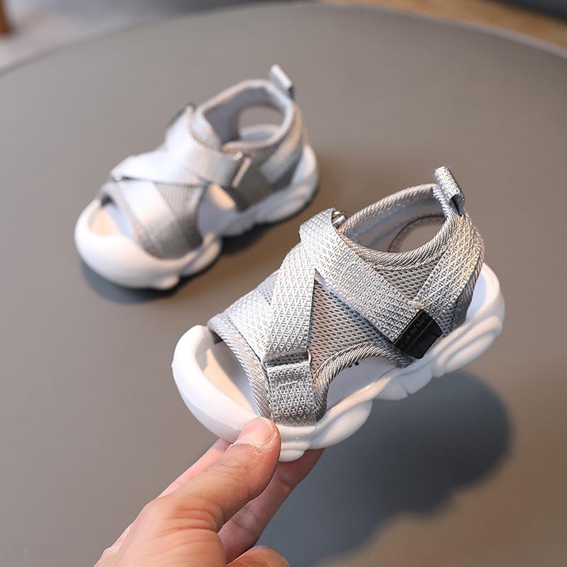 Small kids sandals solid color velcro Korean style children's beach shoes baby soft sole summer closed-toe non-slip