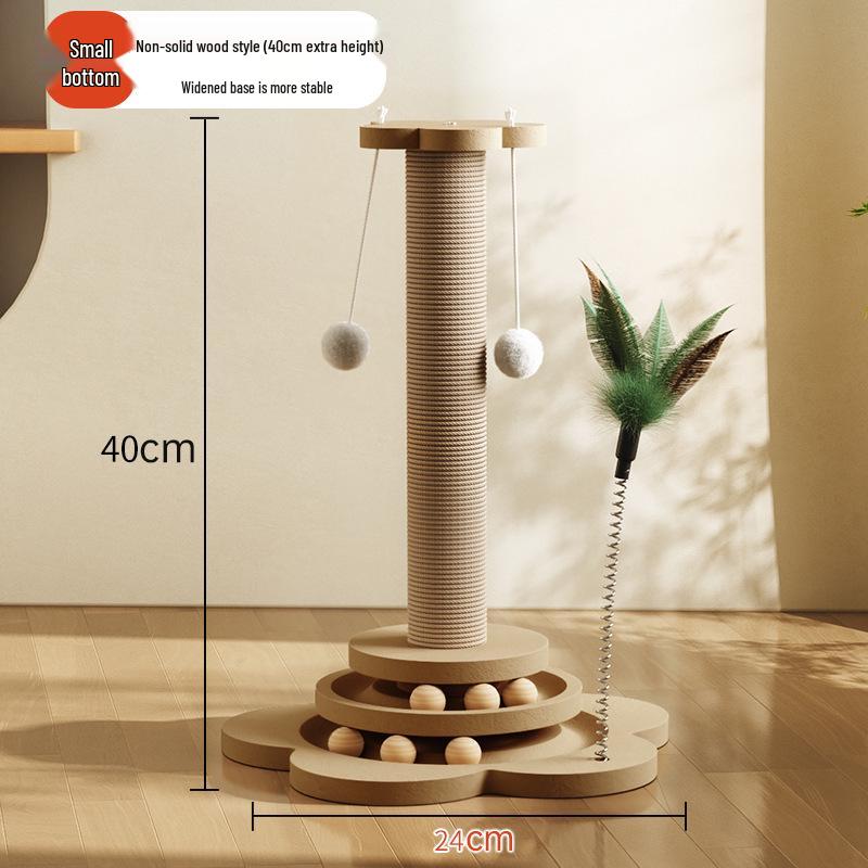 Vertical Wear-Resistant Sisal Rope Cat Scratching Post with Turntable and Teaser Toys