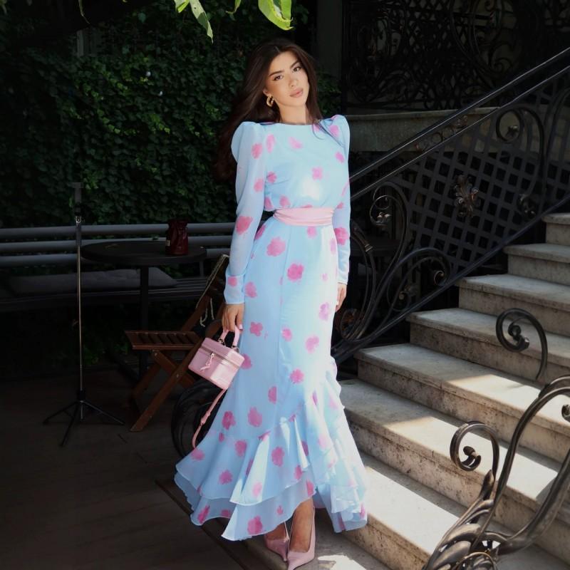 2026 Floral Print High-Waist Fitted Midi Dress With Ruffle Mermaid Hem Long Sleeves
