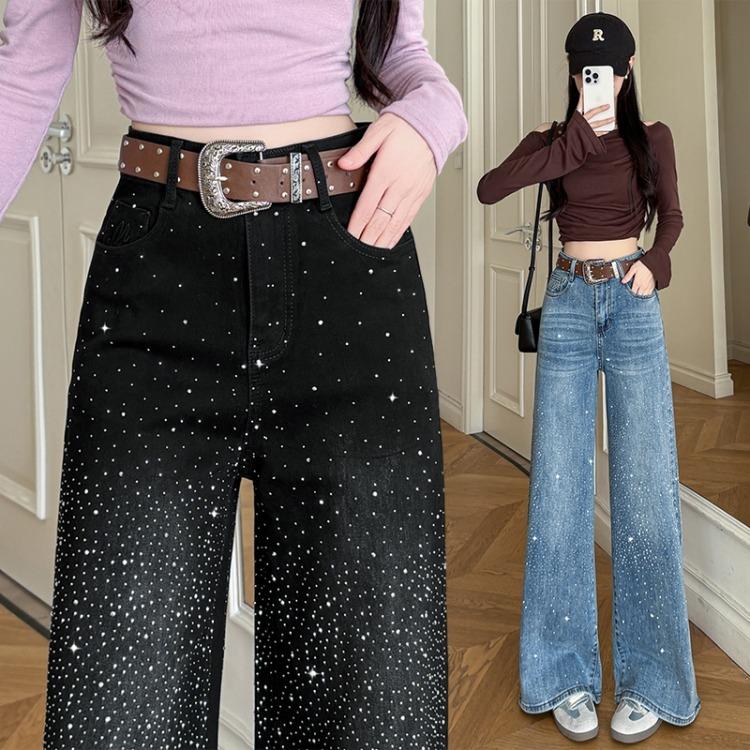 Women Rhinestone Pants  Fashion Stretchy Wide Leg Palazzo Trousers Korean Style
