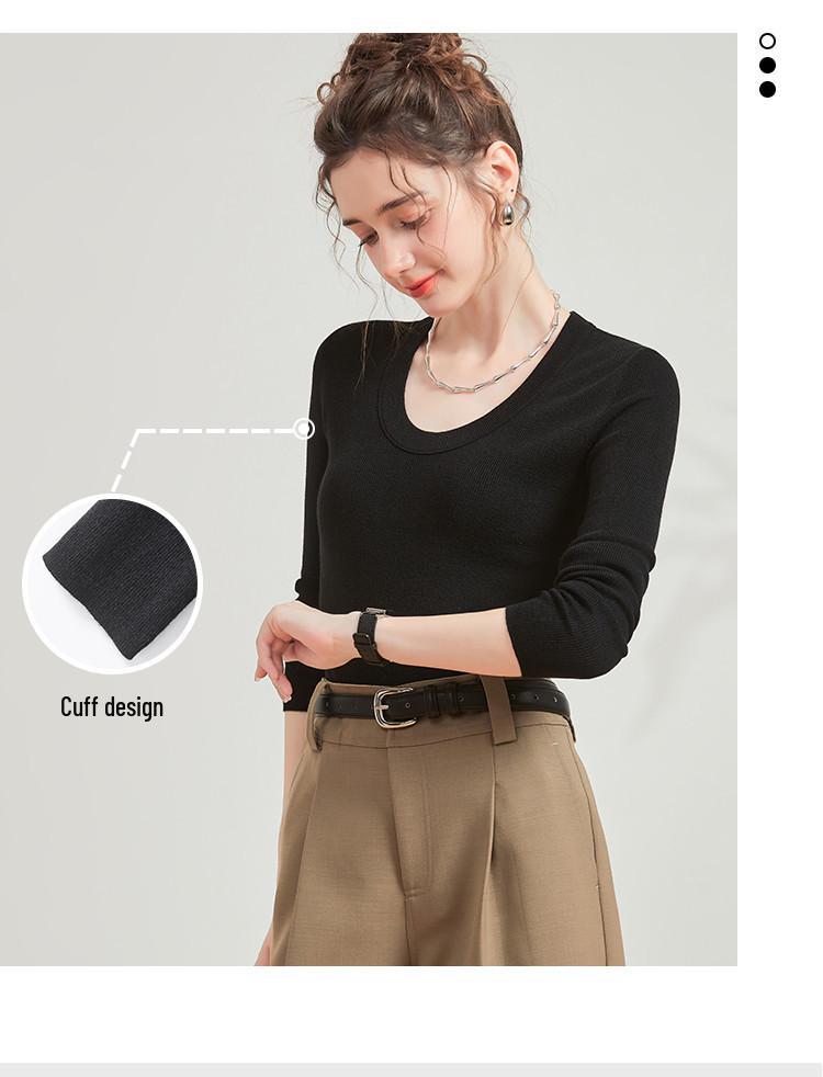 Mulberry Silk & Wool Slim-fit Long-sleeve Knit Top - Women's Versatile Early Autumn Style