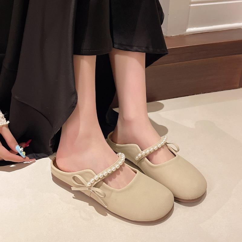 Baotou Flat Shoes Spring New Round Head Shallow Mouth Bead Butterfly Knot Soft Sole Anti-slip Wear-resistant Slippers