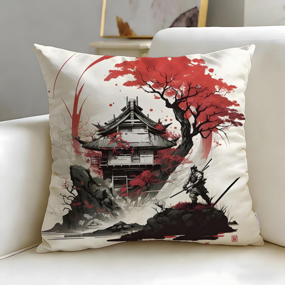 theme Chinese Ink Painting Style Cushion Cover Soft  EasyWash Pillow Case  Versatile for Couch Bed Travel and Office