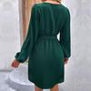 Women Spring Solid Color V Neck Long Sleeve Lace Up All Match Chic Dresses