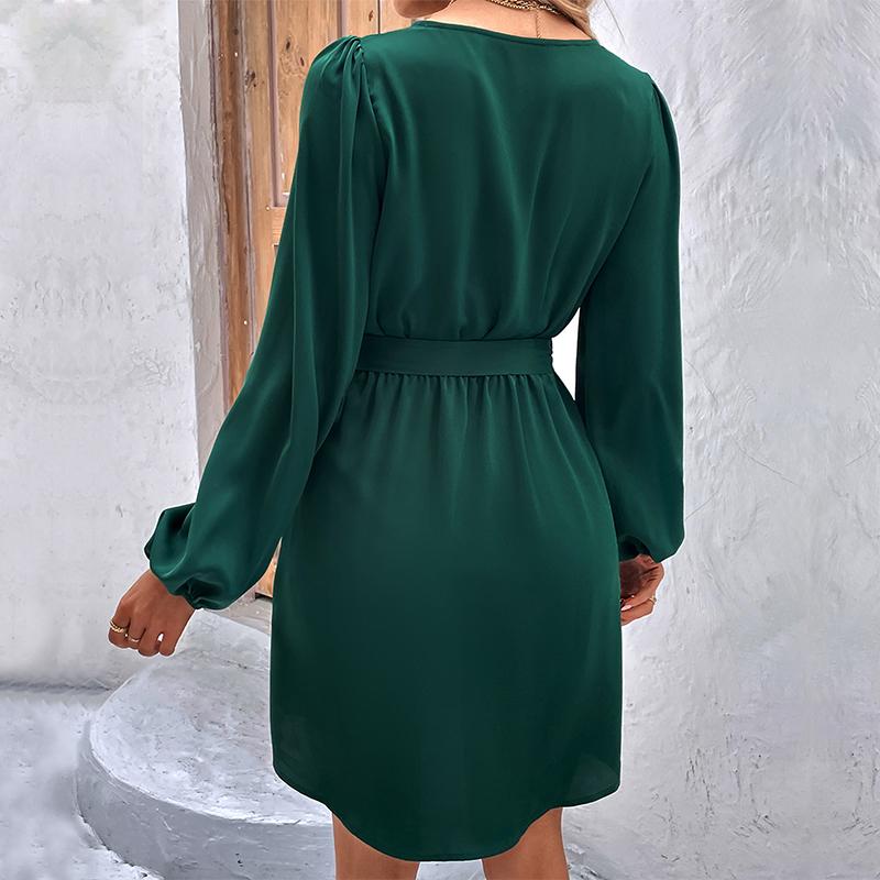 Women Spring Solid Color V Neck Long Sleeve Lace Up All Match Chic Dresses