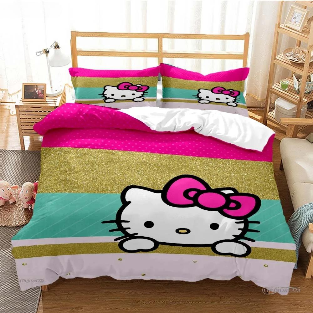 Hello Kitty Cartoon Cute Comforter Duvet Cover Bedding Sets Soft Quilt Cover Pillowcases Single/Double/Queen/King Size