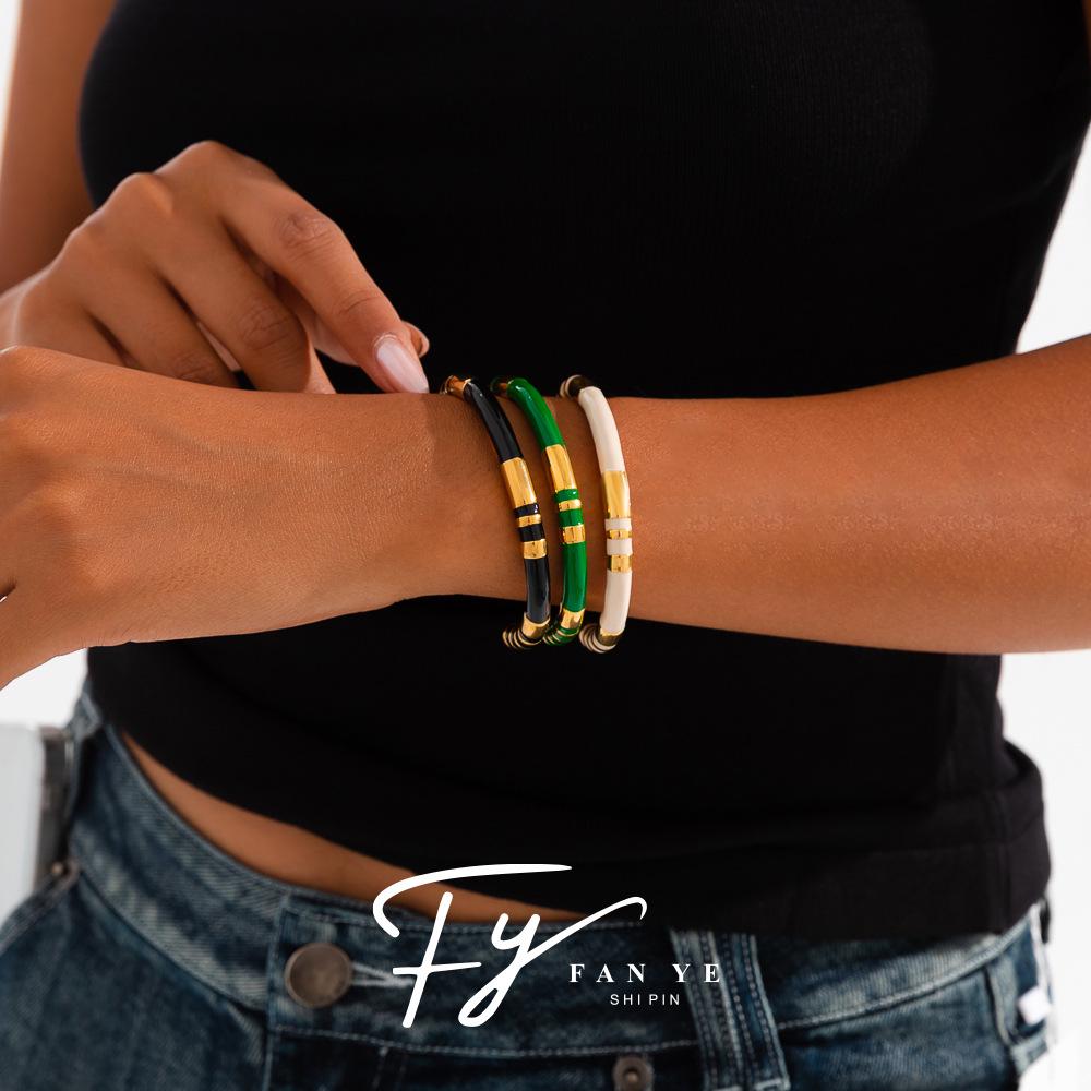 Retro Bamboo Enamel Stainless Steel Open Bangle - Women's European & American Luxury Jewelry