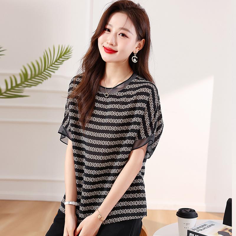 Silk shirt women's large size loose summer new mulberry silk striped short-sleeved top