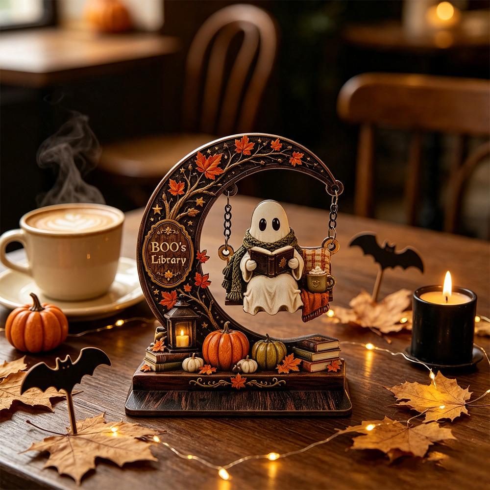 Halloween Moon Ghost Skull Swing Doll Reading Book Wooden Display Piece Bookcase Shelf Atmosphere Decoration