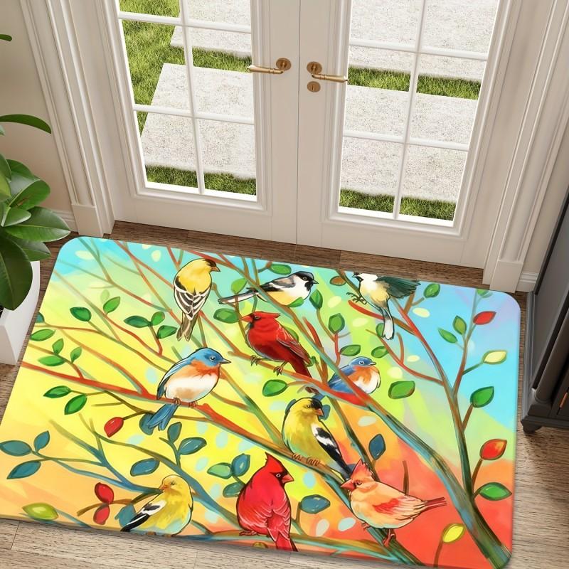 Colorful Songbird Branch Watercolor Painting Print Anti Slip Entrance Doormat Nature Wildlife Front Entry Floor Mat