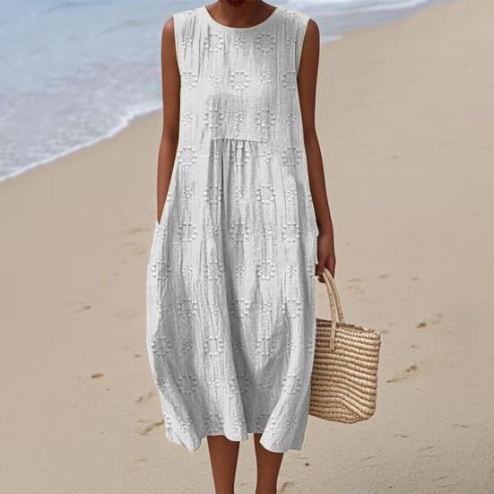 Women's Sleeveless Tank Dress 3D Printed Crew Neck Tunic Dress Casual Beach Vacation Sundress with Pockets