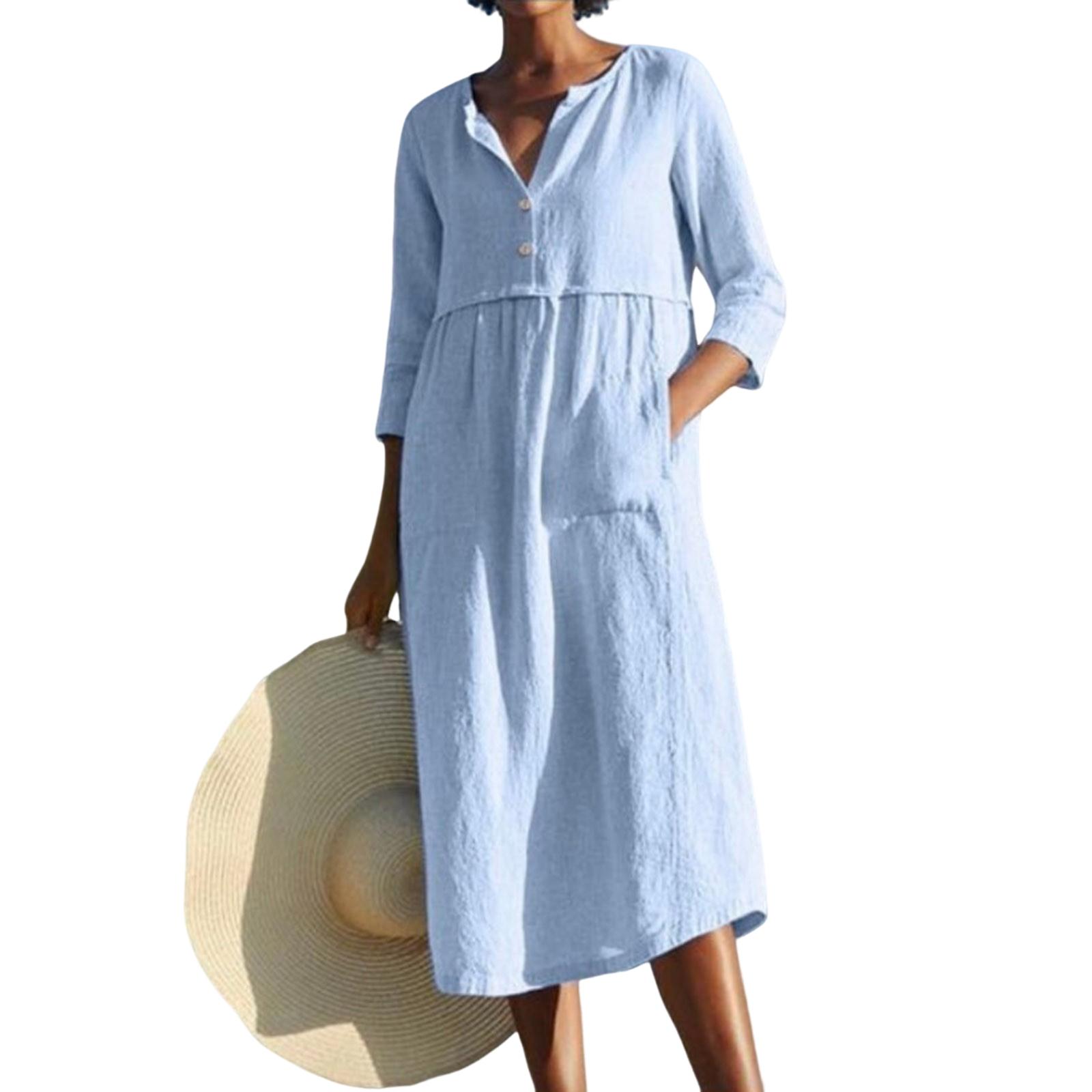 Ladies Casual Round Neck Button Pocket Cotton Linen Mid Sleeve Dress XL