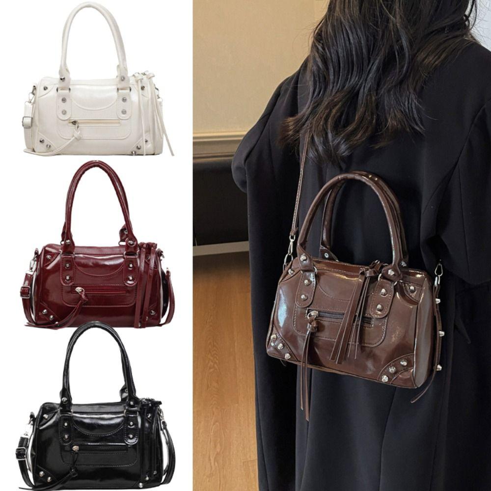 Vintage Boston Bag PU Leather Pillow Handbag Portable Retro Underarm Bag  Girls