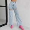 2025 Women's High Waist Straight-Leg Jeans with Chain and Washed Finish