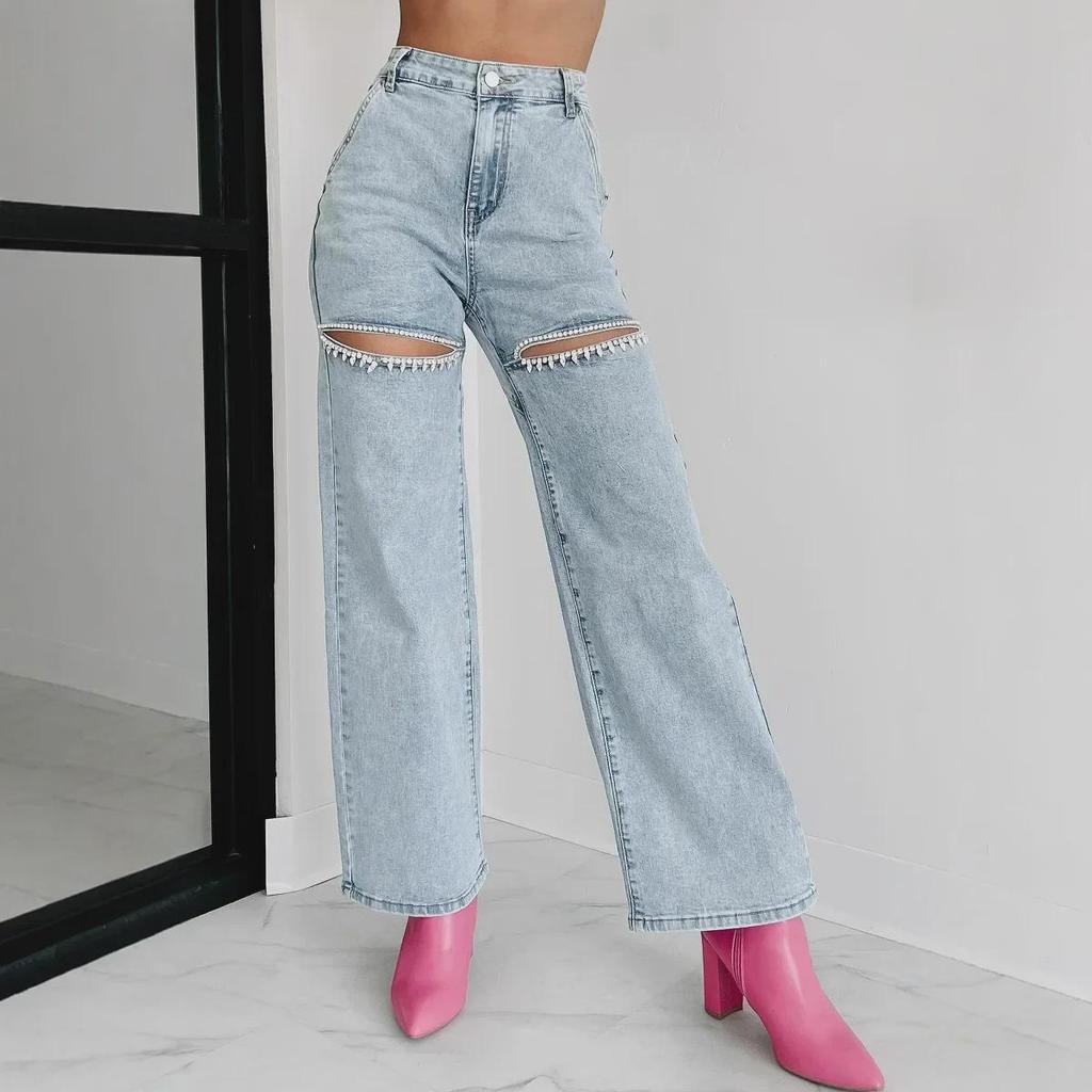 2025 Women's High Waist Straight-Leg Jeans with Chain and Washed Finish