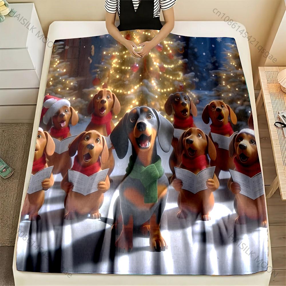 Dachshunds Singing with Christmas Trees Pattern Blanket Flannel Material Soft Warm for All Seasons For Home Outdoor Camping