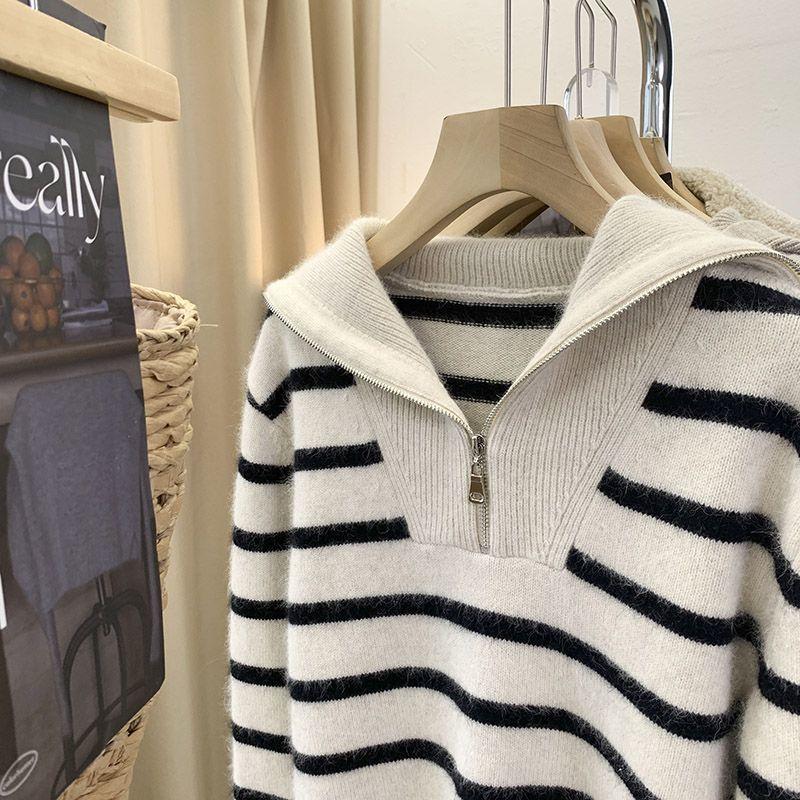 Women's Striped Zipper Knitted Sweater Knitwear Pullover Autumn Winter Clothes Loose Long Sleeved Sweater Korean Style 2023