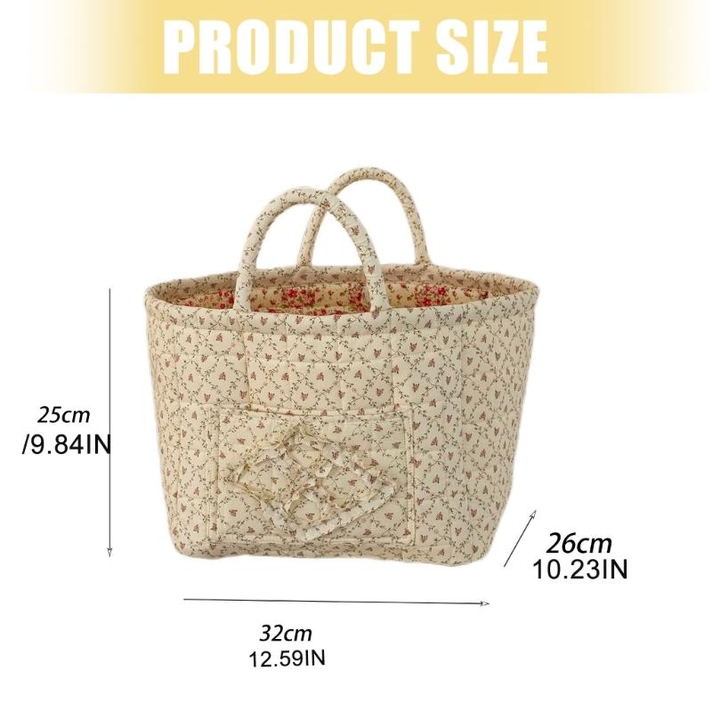 Floral Pattern Quilted Cotton Storage Basket Foldable Lightweight with Handles for Home Laundry Toy Organization