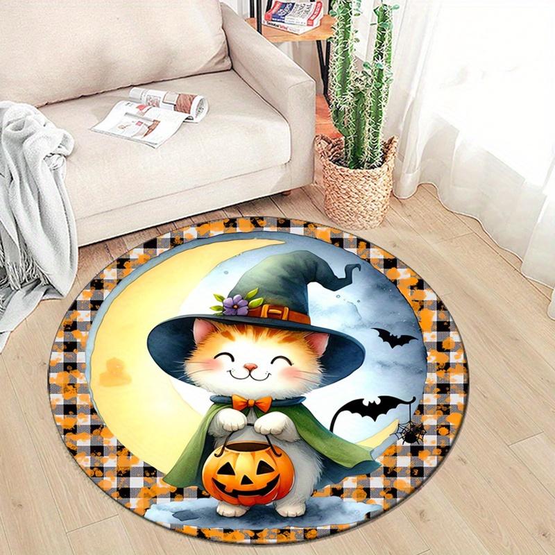 Halloween Kitten Printed Round Area Rug, Crystal Velvet, Non-Slip Mat, Polyester Chair Pad for Bedroom, Living Room, Home Decor