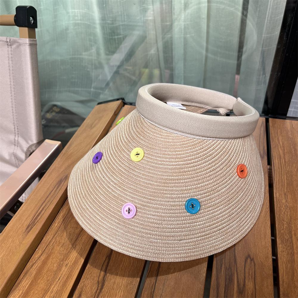 

Солнцезащитная шляпа из соломы с защитой от УФ-лучей, с открытым верхом, женская летняя шляпа с полями, кнопкой и повязкой на голову Adult (55-58cm) бежевый