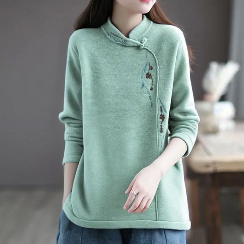 

Топ для женщин осенне-зимний утолщенный большого размера свободный с длинным рукавом повседневный вышитый топ XXL зелёный