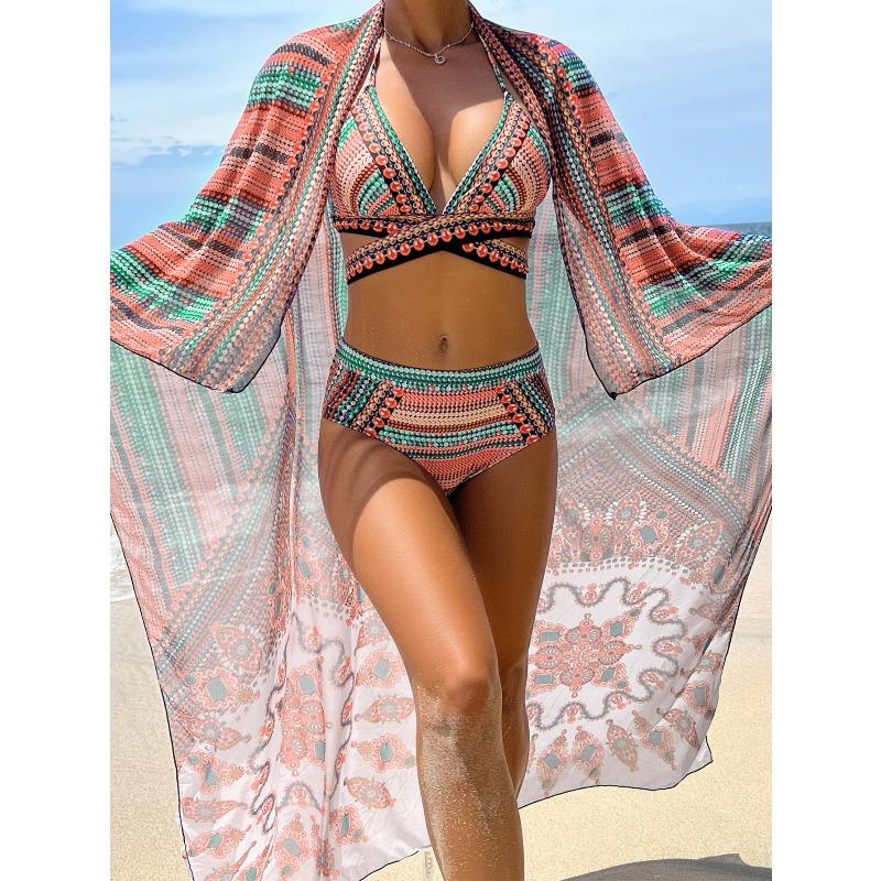 

[European and American Retro Vacation Swimsuit Women] Pattern Split Bikini Long Blouse Three-piece Swimsuit XL рожевий червоний колір