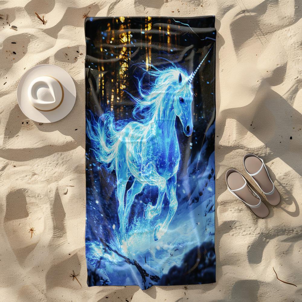 Blauer Einhorn Sternenwald Druck Strandtuch Polyester Weich Schnelltrocknend Großes Badetuch Sommer Schwimmbad Surfen Decke