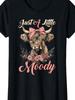 Highland CowJust A Little Moody Black with Pink Floral Patterns Funny Farm Farmers Design Cotton Shortsleeved Tshirts