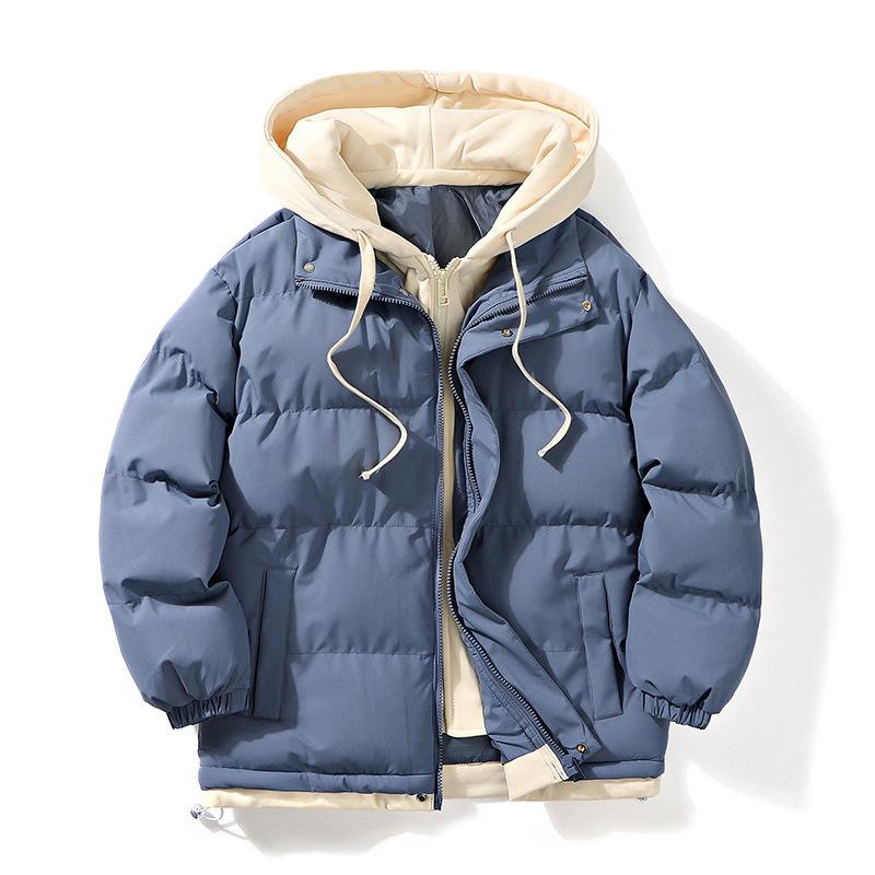 Hong Kong Style Winter Cotton Clothes Fake Two Pieces Trendy Handsome Short Men's Hooded Thickened Cotton-padded Clothes Hooded Loose Men's Insurance