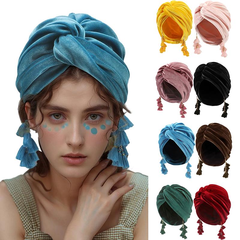 Women'S Spring Boho Scarf Hat Retro Cross Wrap Headscarf With Tassels Lightweight Turban Cap For Outdoor Music Festival
