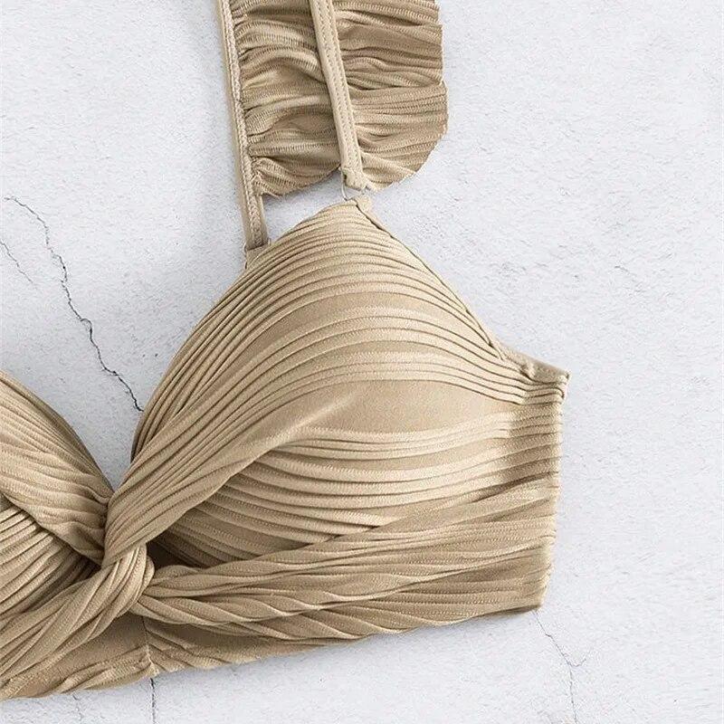 Sexy Khaki Ribbed Swimwear High Waist Bikinis Set Ruffled Swimsuit Cross Bandage Bathing Suit Brazilian Bikini Bather