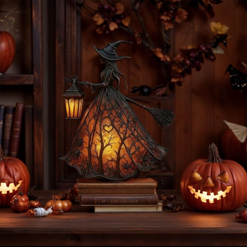 Battery Operated Haunted Witch Figurine with Lamp Gothic Halloween Decorations Safe Resins Craft For Kids Room Ornament