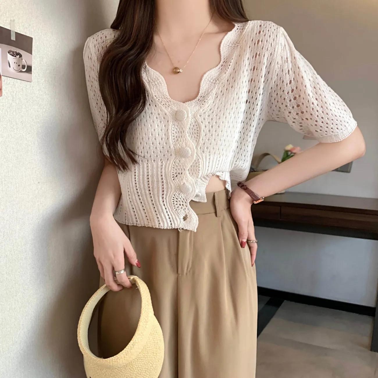 

Летний милый ажурный тонкий свитер, женский вязаный свитер с короткими рукавами, синие повседневные топы, базовая женская одежда L белый