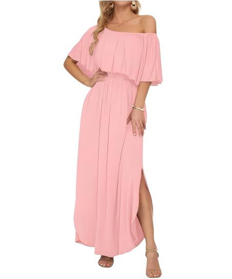 European and American summer new printed one-word shoulder short-sleeved long dress