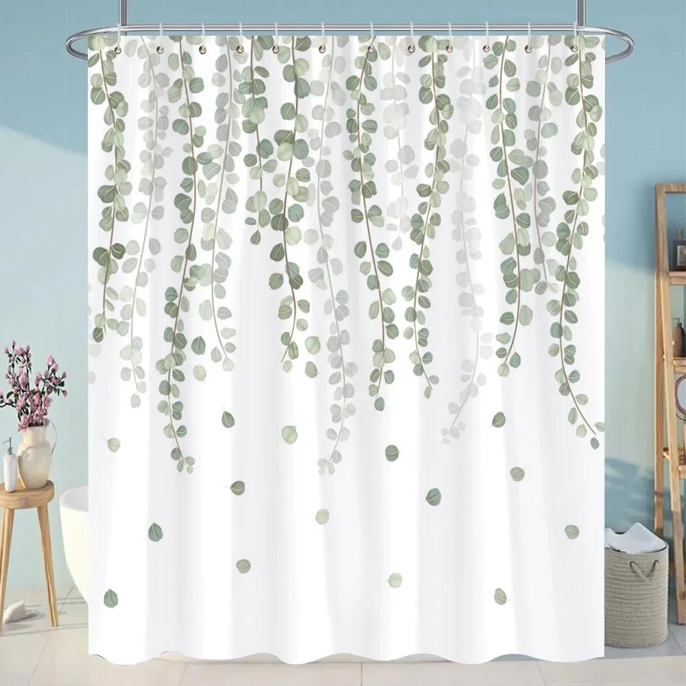 Tropiska Gröna Botaniska Duschdraperi Floral Fjäril Tvättbart Hängande Draperi Badrum Dusch och Badkar Dekor med Krokar