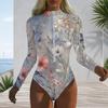 Women Plus Size Long Sleeve High Neck Front Zipper Leaf Geometric Print One Piece Swimsuit