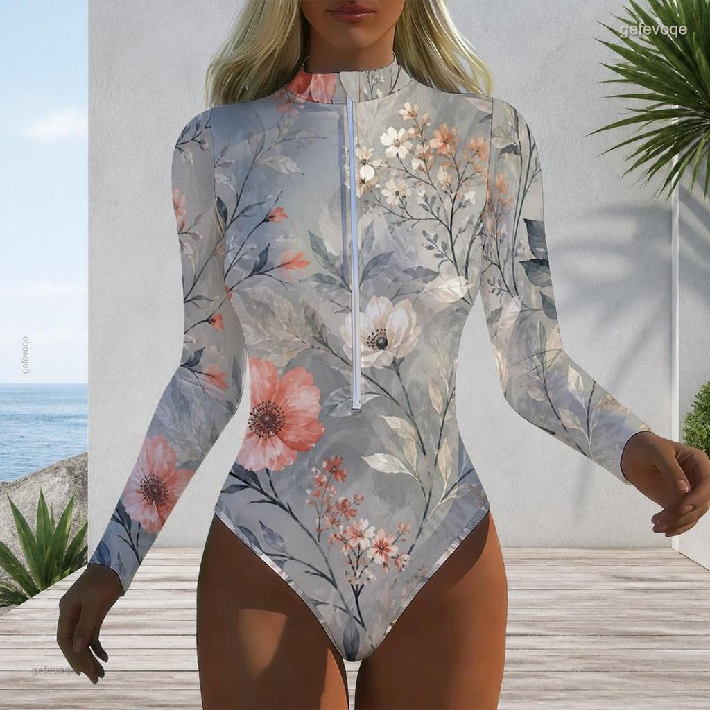 Women Plus Size Long Sleeve High Neck Front Zipper Leaf Geometric Print One Piece Swimsuit