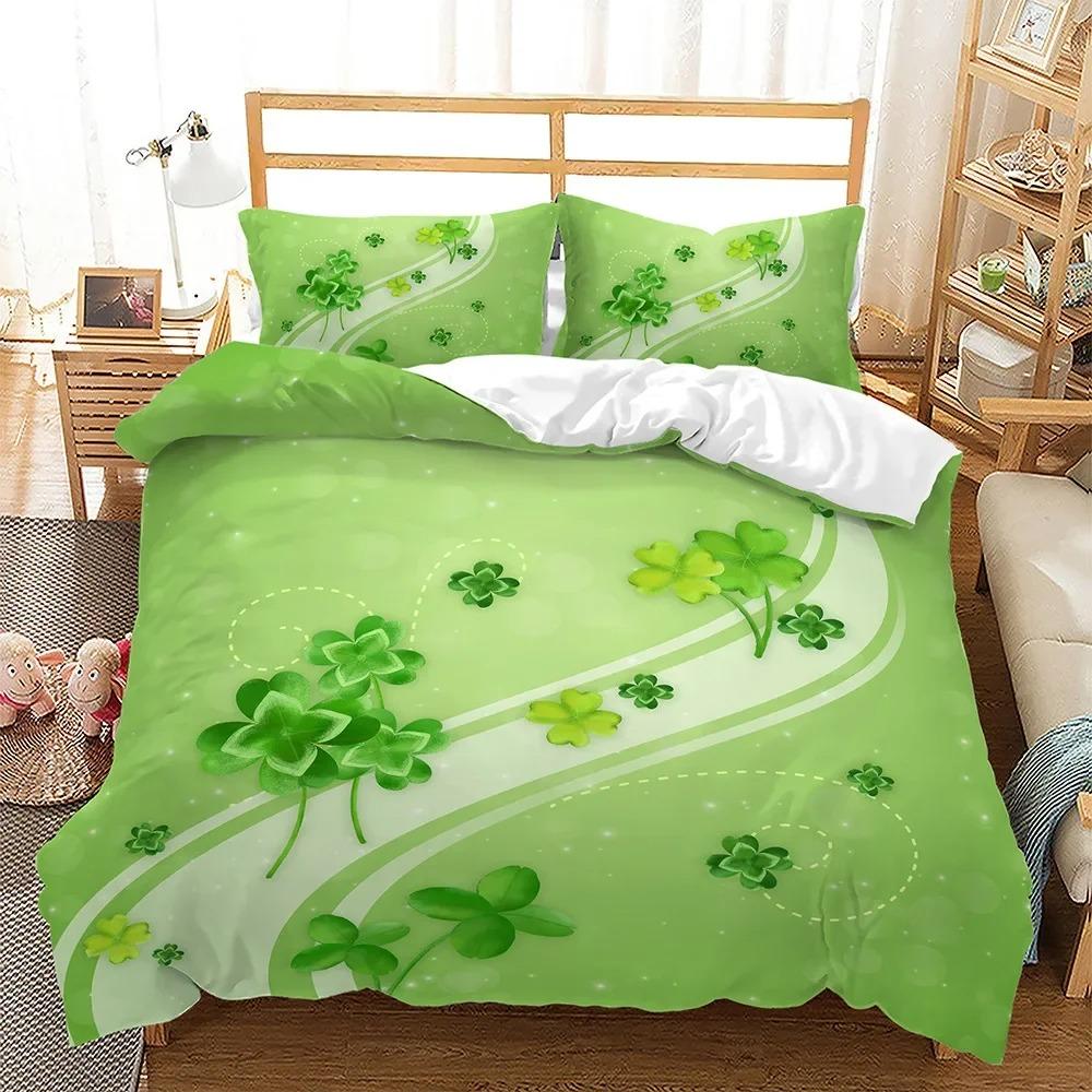 Lucky Green Leaves Duvet Cover King Queen Size Four Leaf Shamrock Clover Irish Culture Bedding Set Soft Polyester
