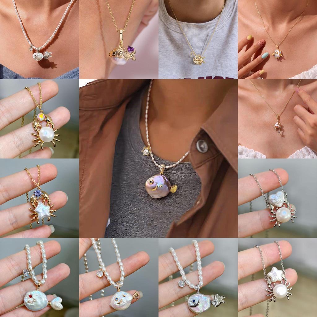 Ocean Pearl Pendant Necklace With Zircon Fish Charm For Women And Men