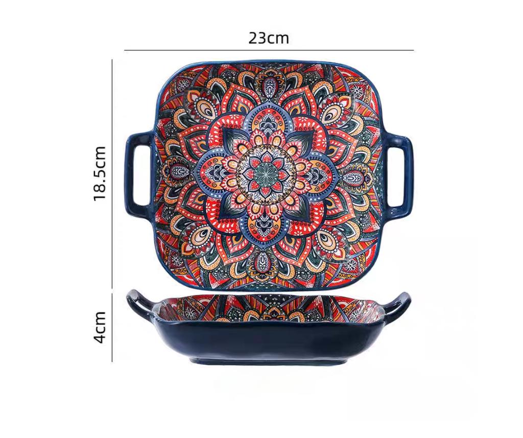 Bohemian Double Ear Square Ceramic Plate Creative Household Dish Plate Net Red Fruit Spaghetti Plate Oven Microwave Oven-9inch