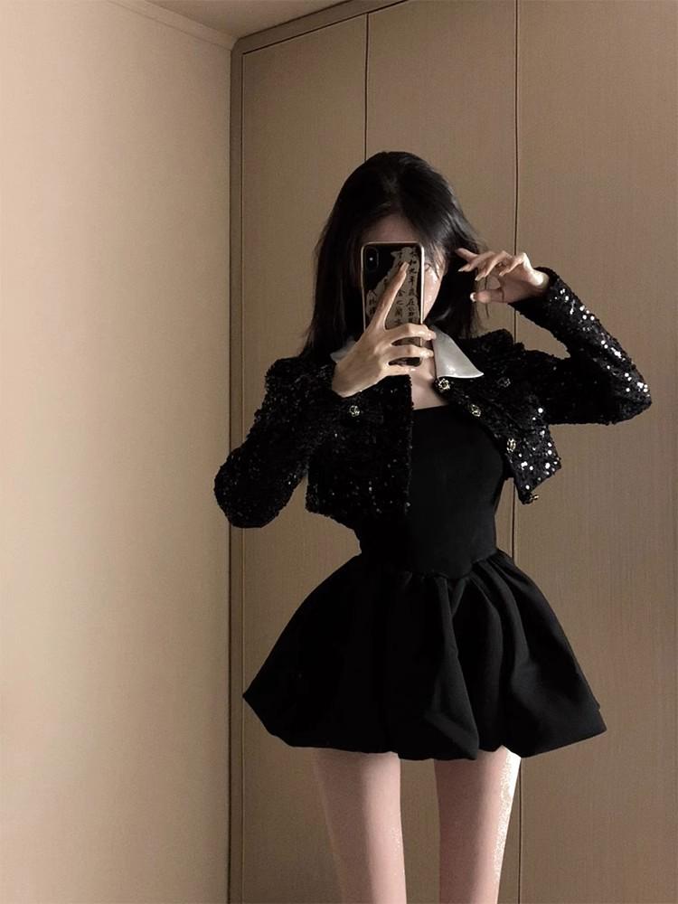 Kleines Französisches Chic Schwarzes Herbstkleid - Puffiger Prinzessin Tulpenrock