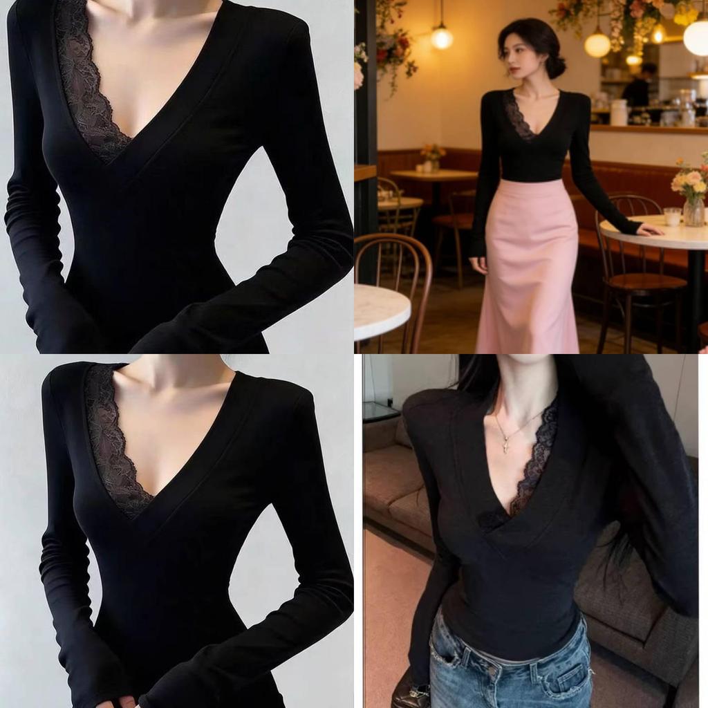 Plain Black Top With Lace Splicing V Neck For Spring Casual Wear